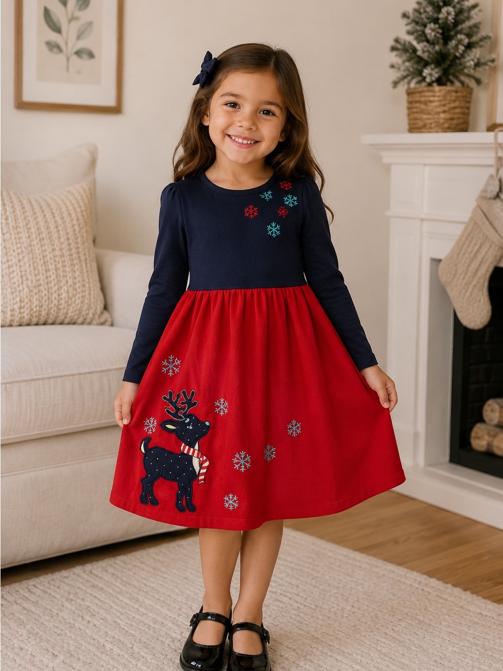 Girls Navy and Red Reindeer Appliqué Holiday Dress